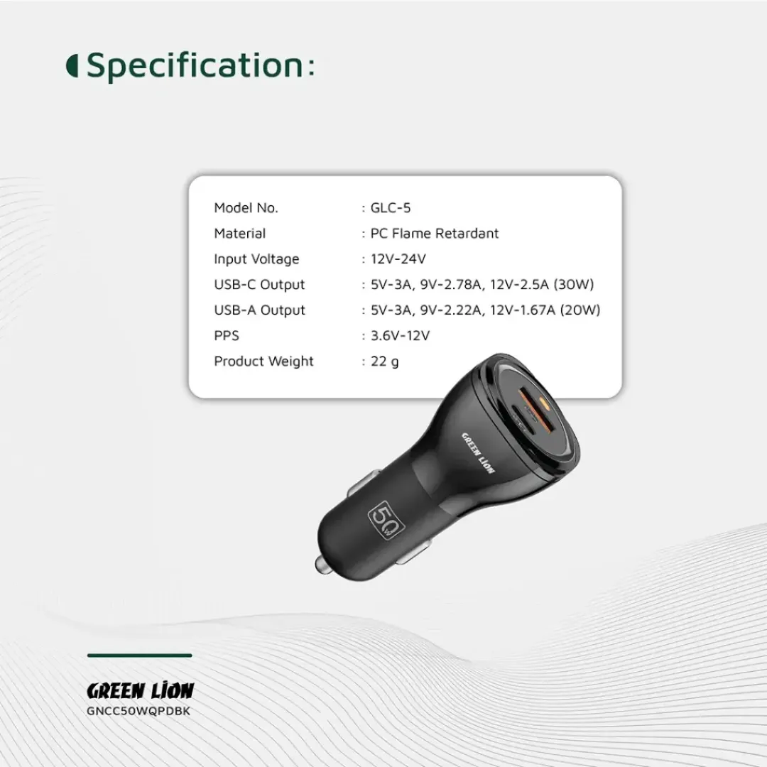 شارژر فندکی 50 وات گرین لاین مدل Dual Port