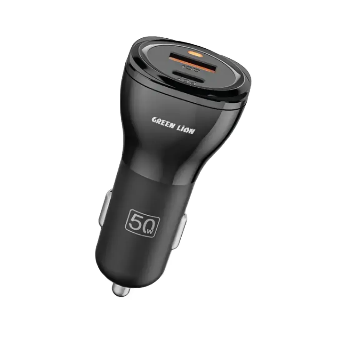 شارژر فندکی 50 وات گرین لاین مدل Dual Port با کابل لایتنینگ