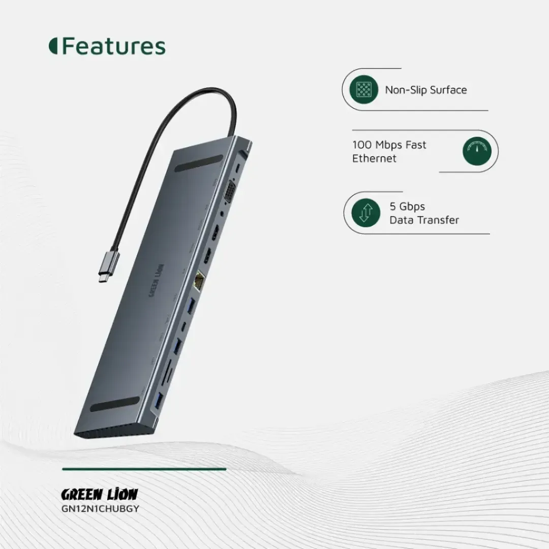 هاب و مبدل 12 پورت تایپ C گرین لاین دارای پورت LAN و HDMI