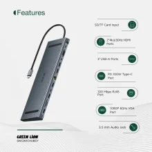 هاب و مبدل 12 پورت تایپ C گرین لاین دارای پورت LAN و HDMI