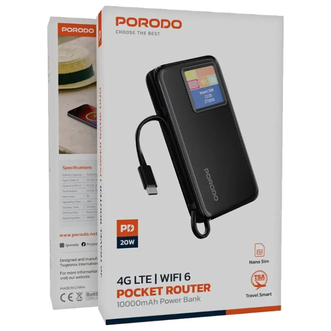 مودم جیبی LTE و پاوربانک 10000 میلی آمپر پرودو مدل Pocket Router